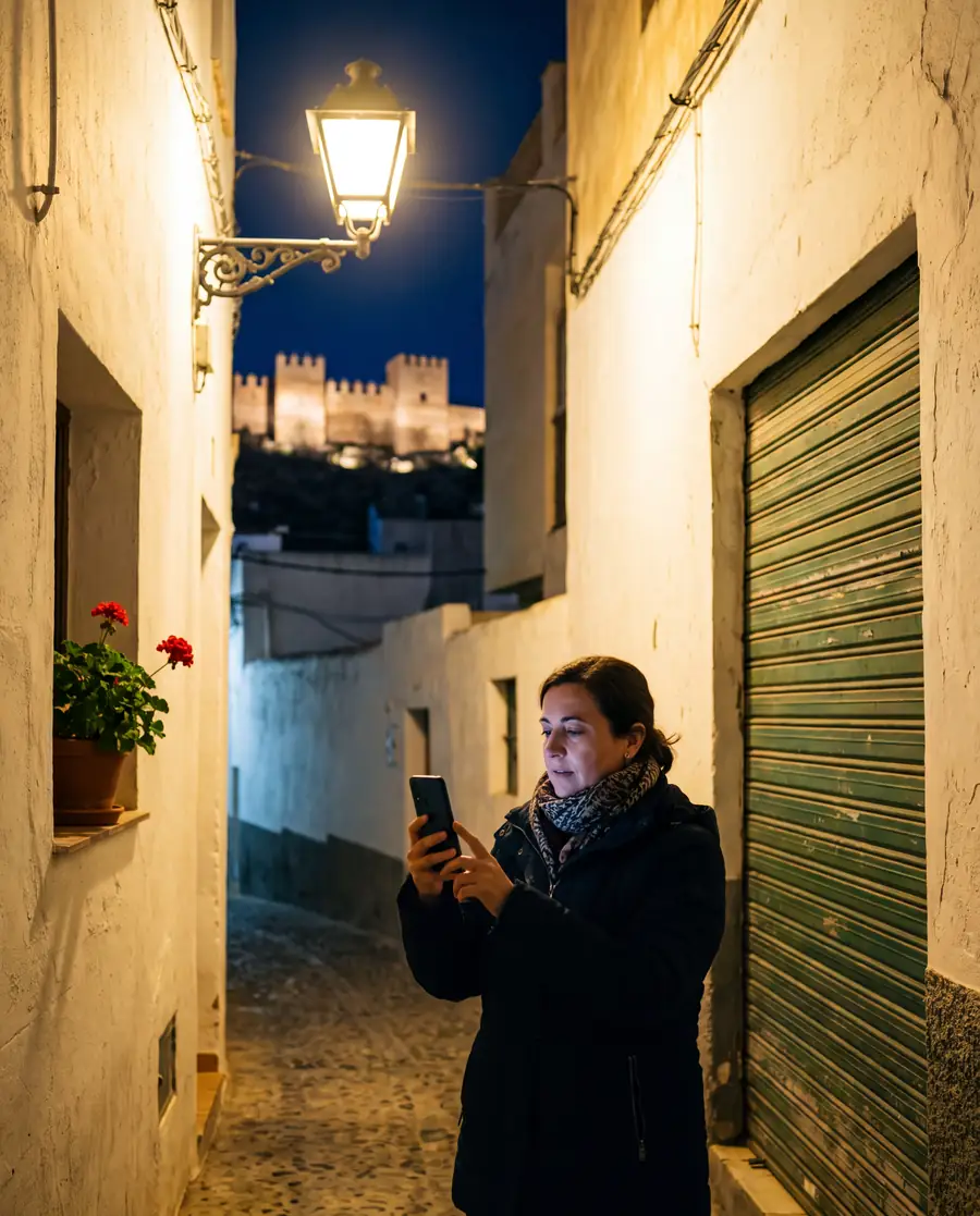 Una mujer mira el móvil de noche en una calle encalada del casco antiguo de Almería, con la Alcazaba iluminada al fondo (imagen creada con IA).