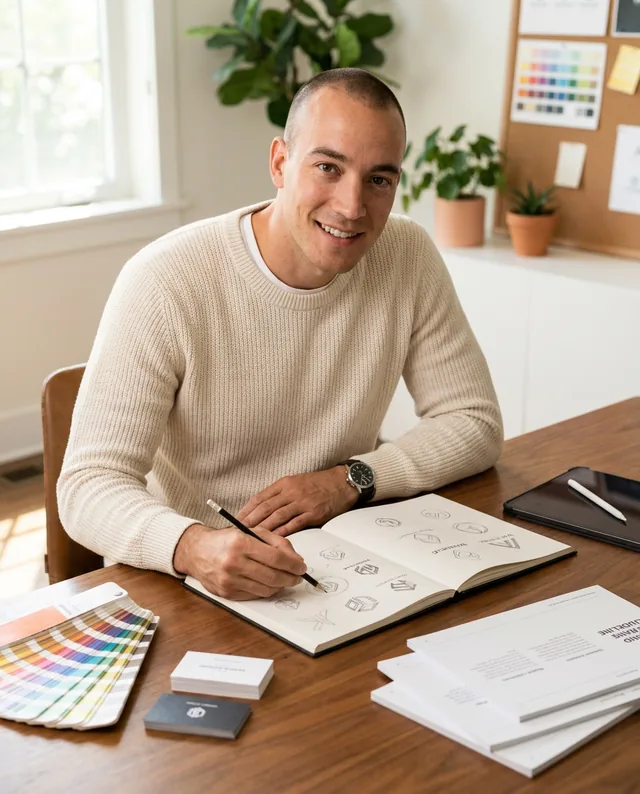 Javier Gilzam, de Pc Emprende, dibuja bocetos de logotipos en su estudio rodeado de muestras de color.