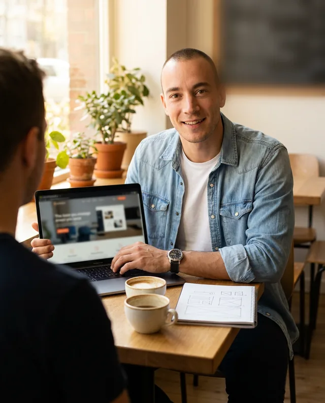 Javier Gilzam, de Pc Emprende, enseña en su portátil el diseño de una web a un cliente en una cafetería.