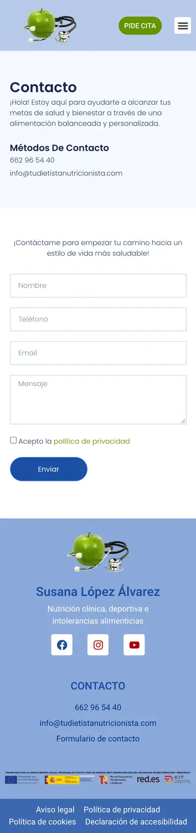 Tu Dietista Nutricionista · Contacto · Móvil